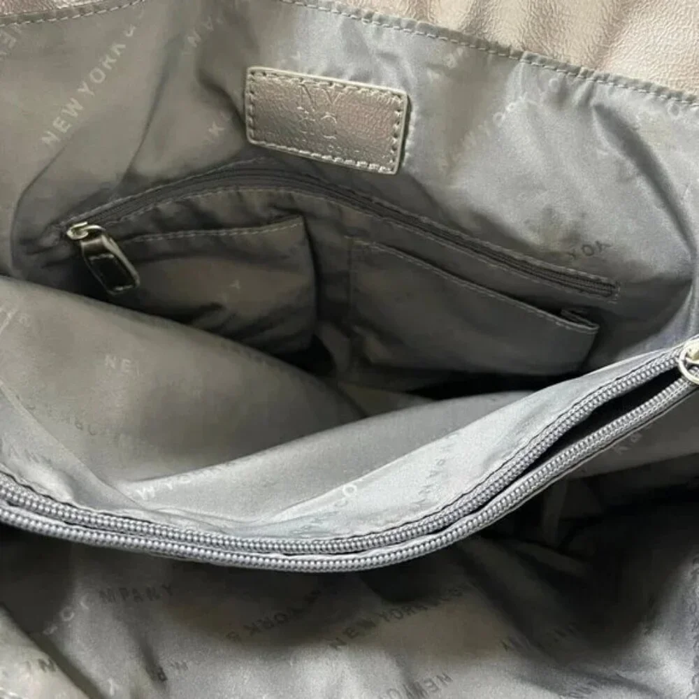 Early 2000s New York & Company Sequin & Faux Silver Metallic Leather Tote Bag